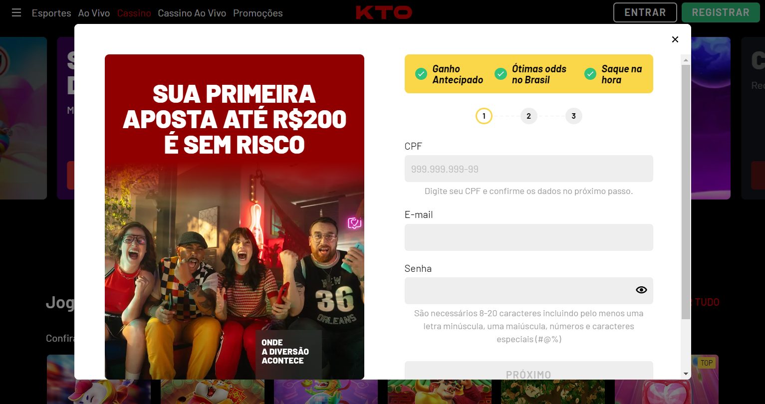 Registo no casino KTO